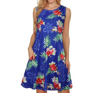 elescat Summer Dresses for Women Casual Beach Sleeveless Sundress Scoop Neck Swing Tank Dress with Pocket(Royal Blue Flower, M)