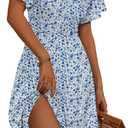 FENSACE Women Sundress Summer Wrap V Neck Flowy Midi Dress | Ruffle Short Sleeve, Empire Waist, A Line, Fit and Flare, Baby Bridal Shower, Wedding, Vacation, Party (White, XL)