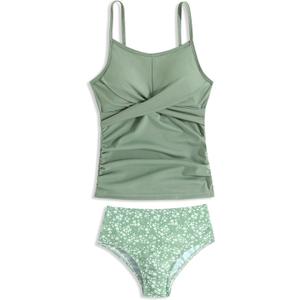 LKALPSQ Girls Swimsuits 2 Piece Bathing Suit Tropical Floral Swimwear Beach Sport Halter Tankini Green 11-12 Years