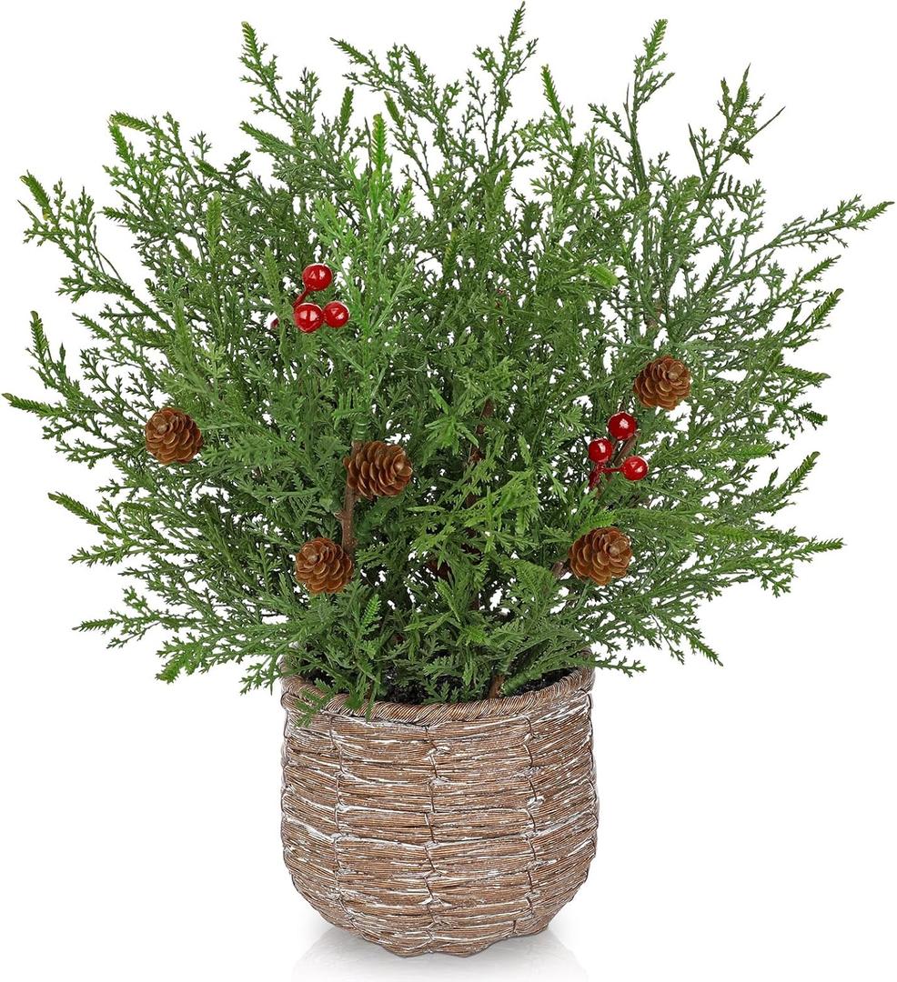 Artificial Potted Christmas TableTop Centerpiece - 12" Faux Norfolk Pine Plants with Pinecones & Red Berry in Woven Wooden Pot Xmas Decorations for Home Table Winter Mantel Farmhouse Indoor Decor