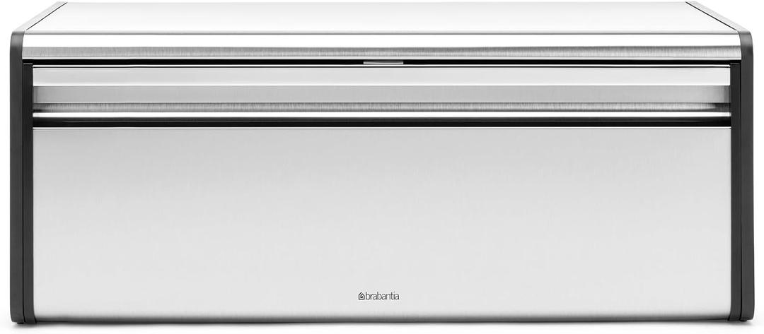 Brabantia Rectangular Fall Front Bread Box | Matt Steel | Large Metal Front Opening Bread Store for Kitchen Countertop | Flat Top for Extra Storage, Magnet Closing Lid | Fits 2 Loaves