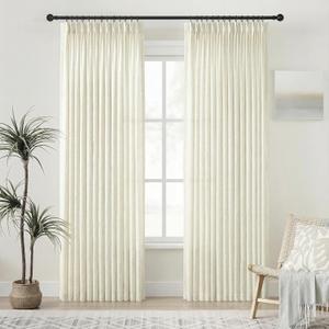 PANGSINNE Thick Linen Pinch Pleated Curtains - 80 Inches Long Light Filter Semi Sheer Curtain 2 Panels for Bedroom Off-White Textured Back Tab Neutral