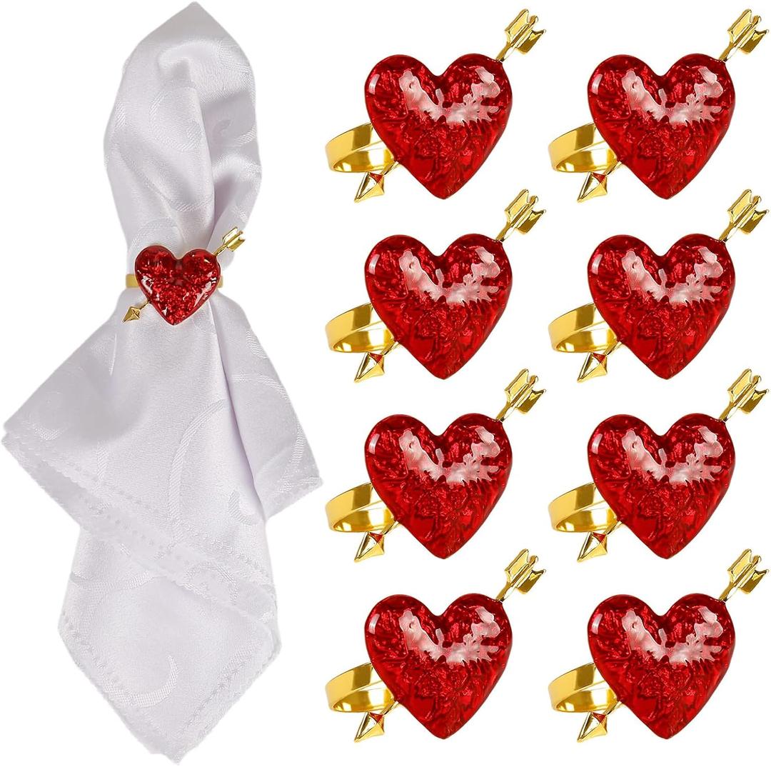 Red Heart Napkin Rings Serviette Holder Set of 8, Metal Love Napkin Ring with Gold Buckles for Valentine's Day, Wedding, Birthday Party, Thanksgiving Day, Christmas Day,Dining Table Decoration