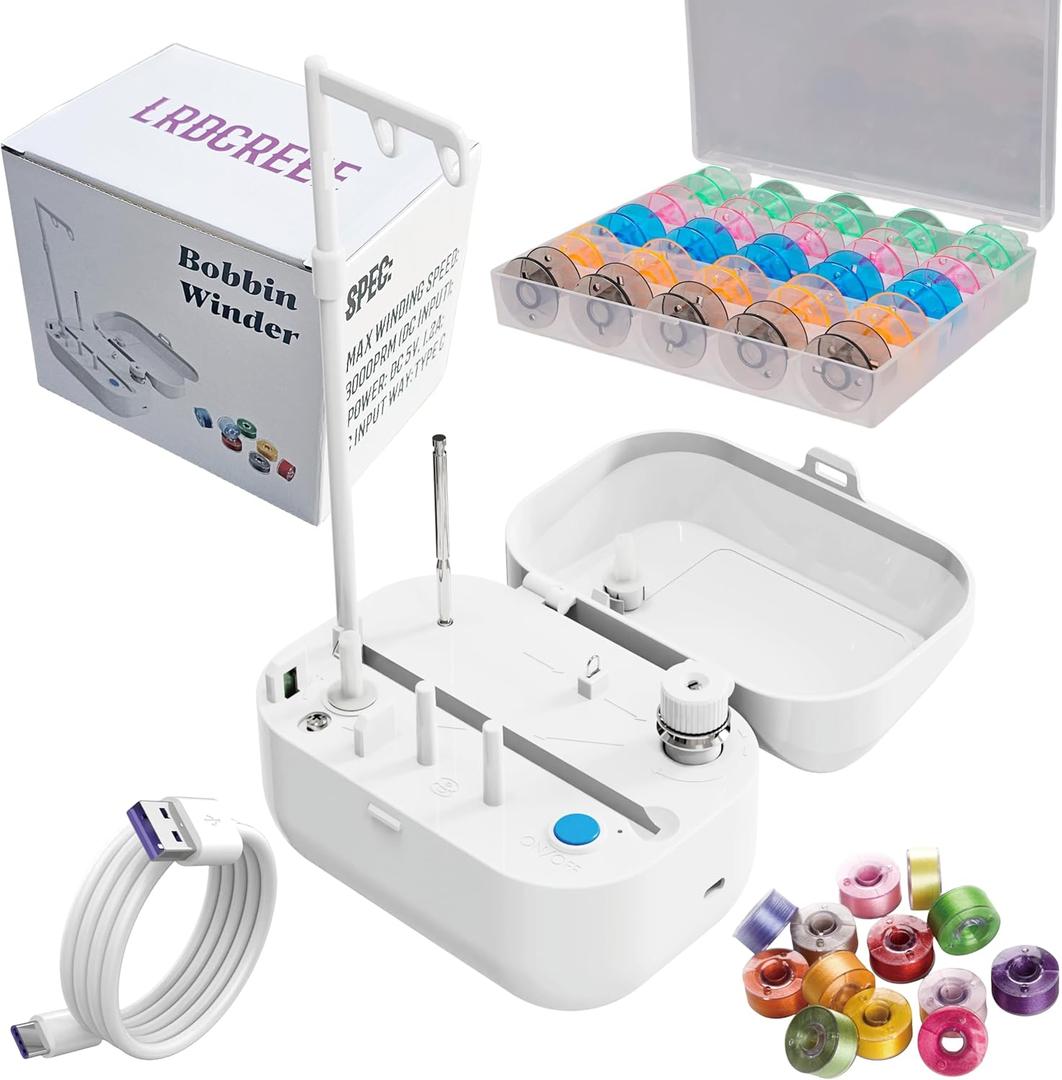 LRDCREEE Automatic Bobbin Winder Bobbin Winding Machine with Auto Stop Sensor, Large Spool Thread Holder and Extra 25 Pcs Class 15 Bobbins for Sewing Machine Thread Winding Use