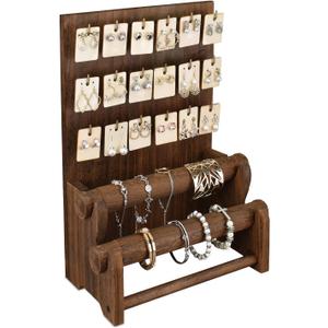 Ikee Design 18 Hooks and 2 Removable Bars Wood Jewelry Holder Organizer Stand, Earring Bracelet Jewelry Display Stand Organizer, Necklace Bracelet Holder, Brown Color