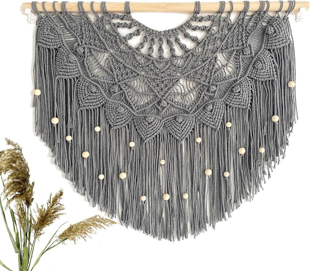 Youngeast Large Macrame Wall Hanging Boho Beaded Curtain for Window Macrame Bedroom Headboard Living Room Wall Art Tassel Tapestry Bohemian Woven Wall Decor 31" W X 25" H (Grey)