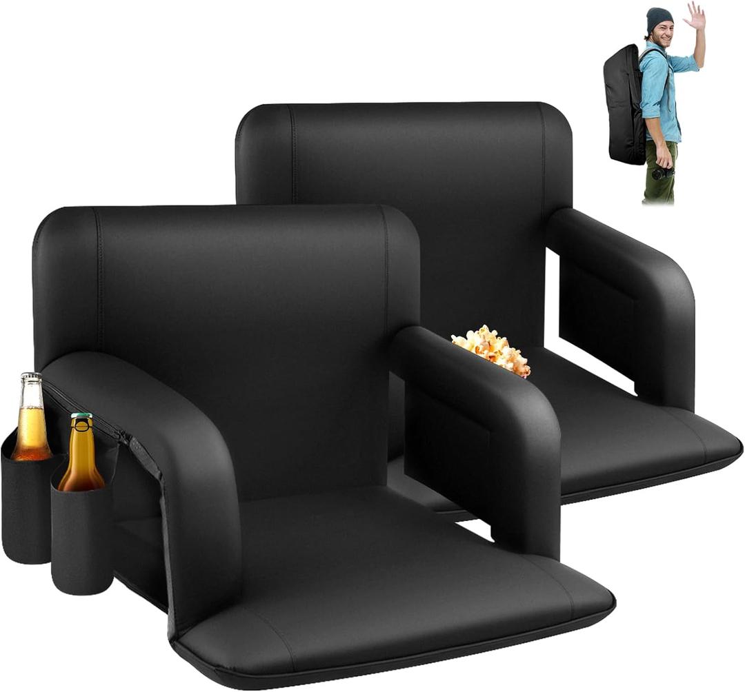 25 Inch Wide Stadium Seats 2 Pack, Bleacher Chairs with Back and Cushion, Reclining Bleacher Seat with Backrest, Stadium Chair Bleacher Cushion (Black)