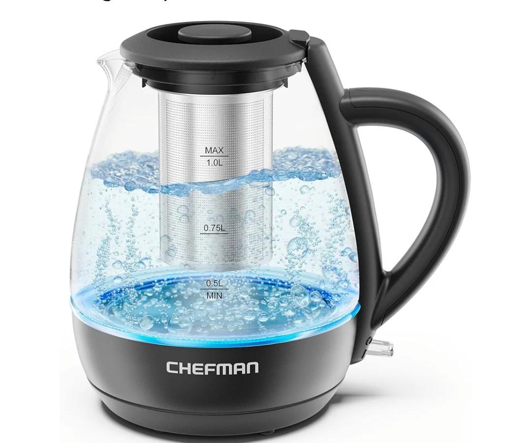 Chefman Electric Kettle with Tea Infuser, Compact 1L (4 Cups), 1500W, Removable Lid for Easy Cleaning, Boil-Dry Protection, Stainless Steel Filter, BPA Free, Auto Shut Off, Small Electric Tea Kettle