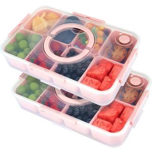 Snackle Box Container, Dishwasher Safe Fruit Snack Containers, Divided Serving Tray with Lid for Veggie, Candy, Snackle Charcuterie Plastic Boxes for Kids Adults Travel Picnic (2 Pack 8 Compartment (Pink))