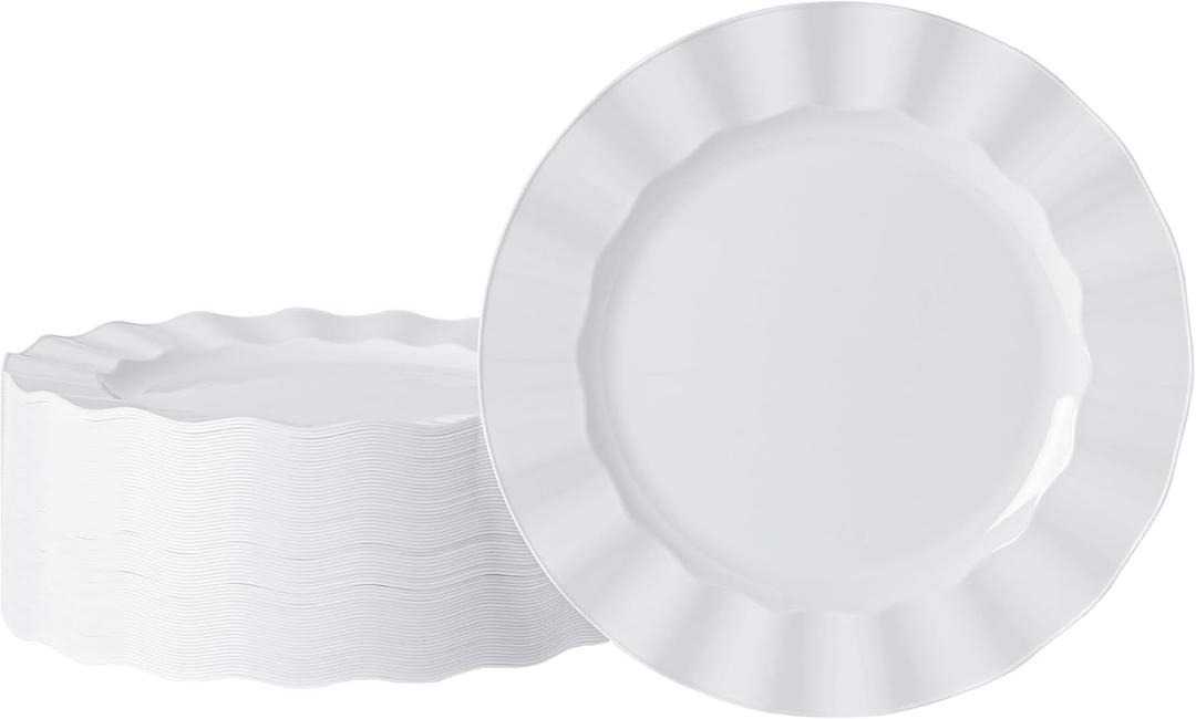 NZVCN 72 Pack White Plastic Plates, 10" Disposable Wave Dinner Plates Elegant Heavy Duty Serving Dishes for Party, Wedding, Thanksgiving, Christmas
