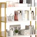 Wide Open Shelf Bookcase - Modern 3-Tier Floor Standing Display Bookshelf with Three-Side Panels for Home and Office, Storage Shelving in Warm White with Gold Frame
