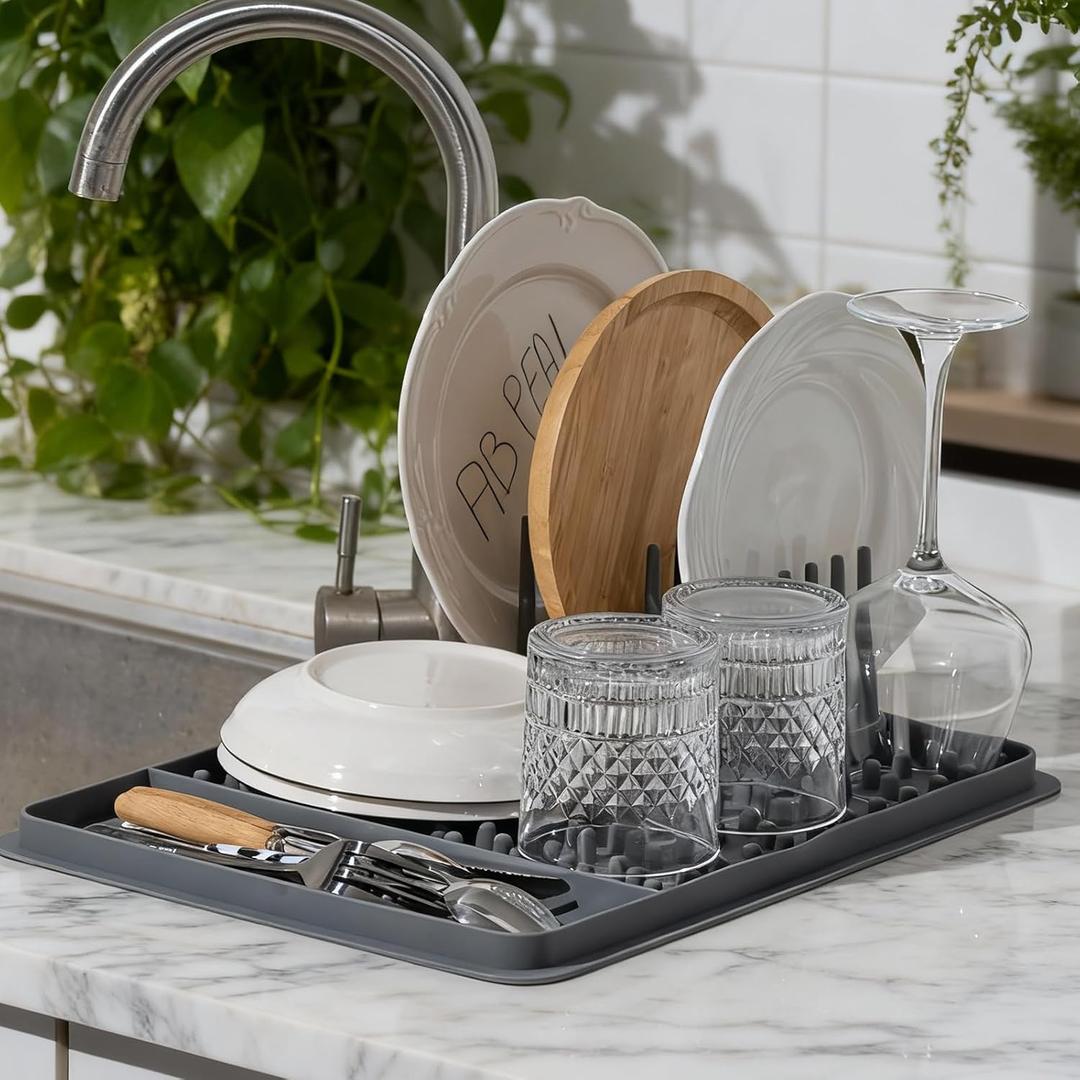 15.75"x11.18" Silicone Dish Drying Mat for Kitchen Counter, Quick Dry Dish Mat with Dish Rack and Dual-Sided Independent Zones, Multiple Usage Kitchen Drying Mat with Hanging Hook for Home