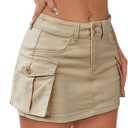 Women Denim Cargo Skirt Mini Low Waist Button Bodycon Y2K Flap Pockets Skirts (Large, Khaki)