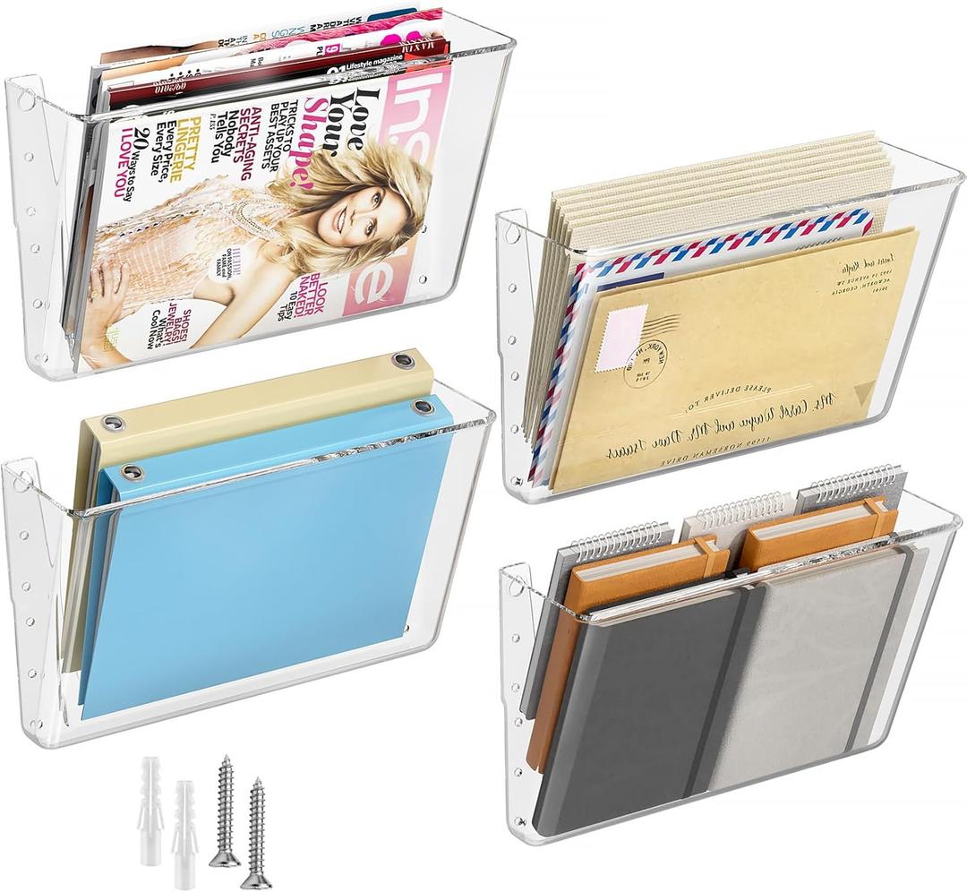 MaxGear Acrylic Wall File Organizer, 4 Pockets Clear Wall Mounted File Holder, Mail Organizer for Home, Office and School, 13x4x7 inches