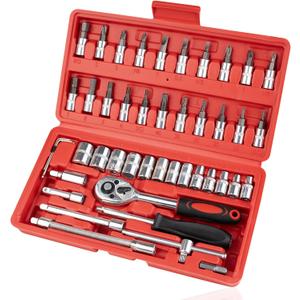 46PCS Small Drive Socket Ratchet Wrench Screwdriver Set, 1/4 Inch Metric Socket and Ratchet Wrench Set with Extension Bar, Upgrade Compact Tool Set for Car