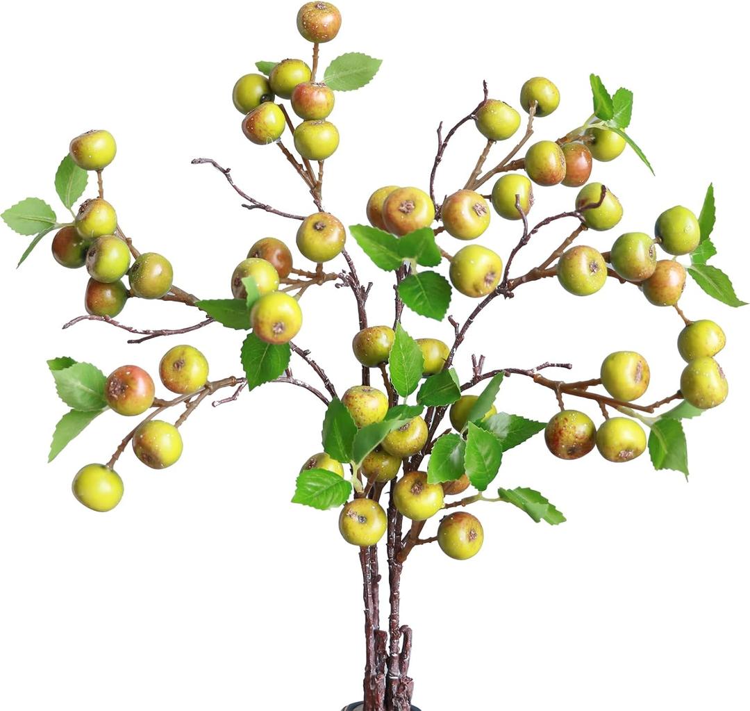 Forlaoers Realistic 4Pcs 21.6 Inch Green Faux Berries Artificial Flowers Artificial Fruits Fake Berry for Christmas House Decor Dining Vase Fillers Table Centerpieces Decoration Indoor