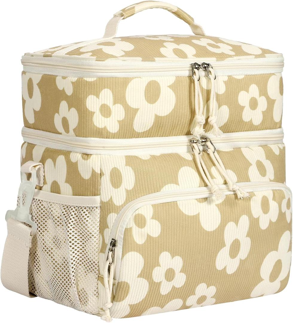 HowFly Corduroy Insulated Lunch Bag Box for Women Men - Double Deck - Soft Reusable Thermal Portable Cooler Tote Bag for Work Travel, Khaki Flower