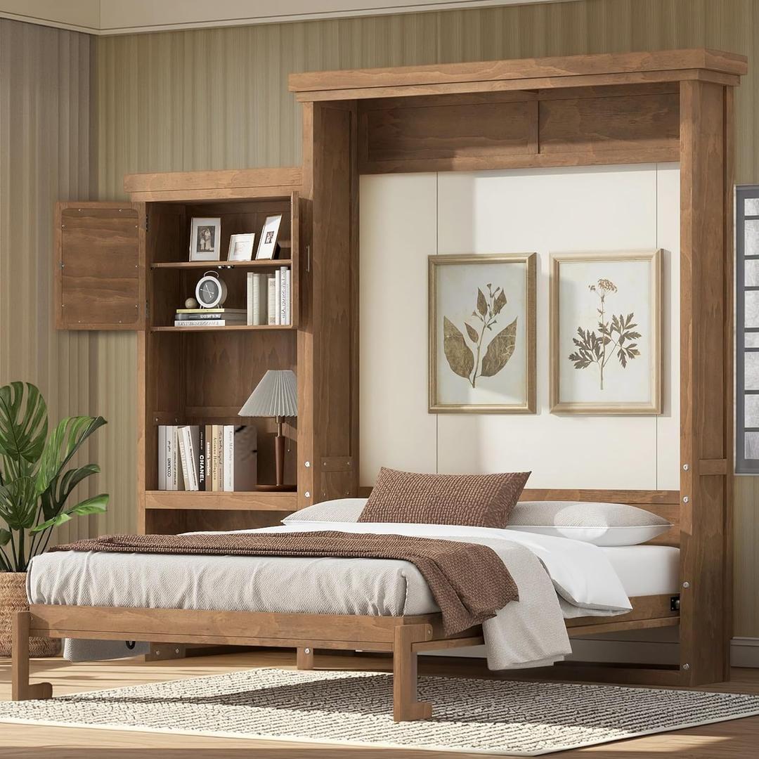 Queen Size Murphy Bed with Storage Shelves, Space Saving Wall Bed Frame, Solid Wood Fold Down Bed with Louvered Door, Easy Assembly