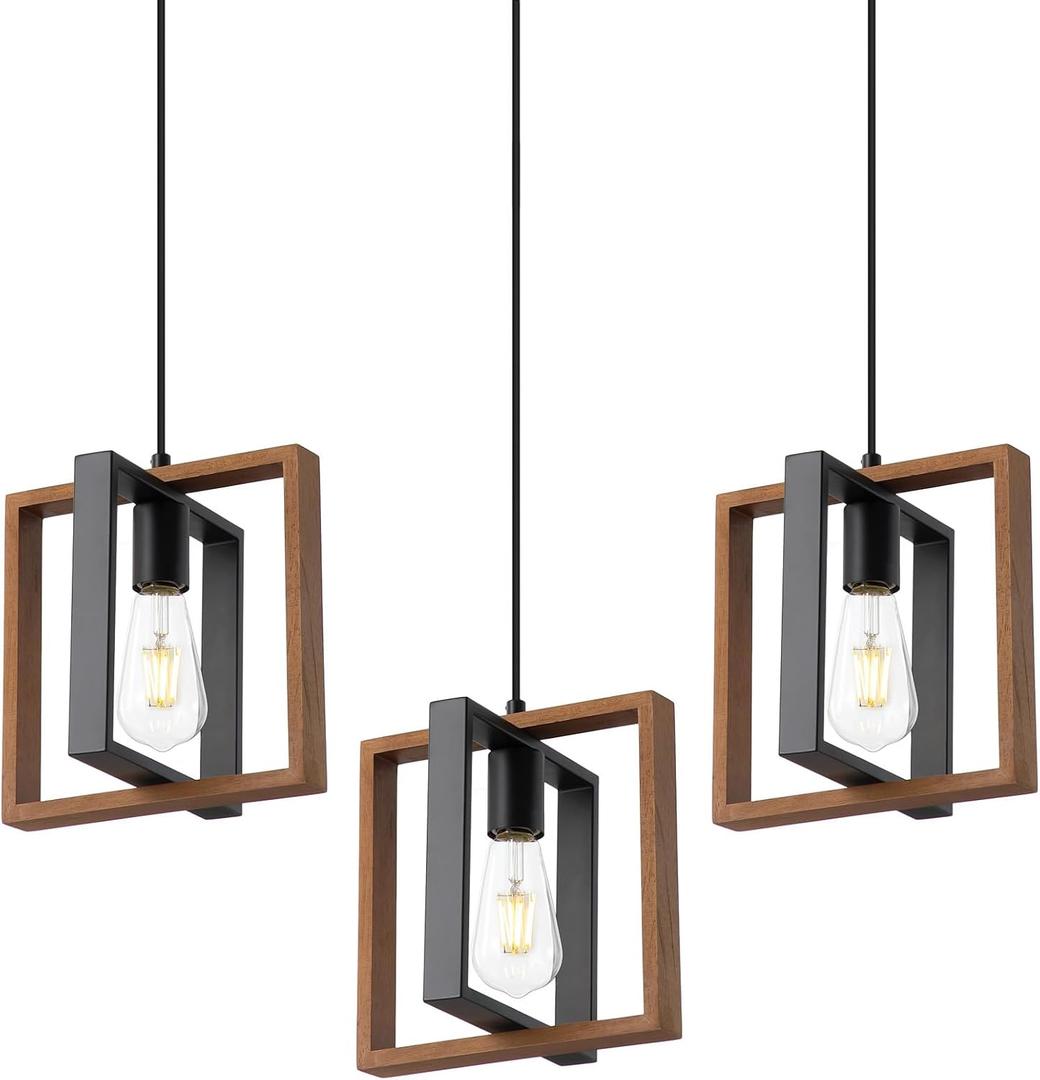9MMML Wood Pendant Light Kitchen Island Set of 3, Farmhouse Hanging Lamp with 62'' Height Adjustable Cord, Small Ceiling Pendant Light Fixture for Dining Room, Entryway, Foyer