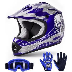 TCT-MOTORPARTS DOT Kids Youth Motocross Helmets ATV Off-Road Dirt Bike Motorcycle Full Face Blue Skull Helmet+Gloves+Goggles Medium