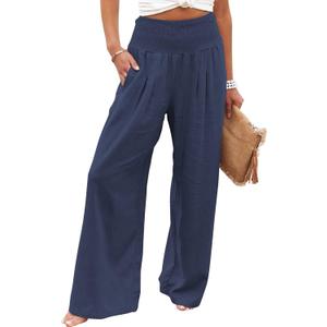 Women Palazzo Pants for Women Summer Boho Wide Leg High Waist Casual Lounge Pant 2025 Beach Travel Vacation Outfits (Large, Navyblue)