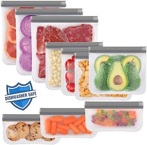 Lerine 9 Pack Dishwasher Safe Reusable Bags Silicone, Leakproof Reusable Freezer Bags, BPA Free Food Storage Bags for Lunch Marinate Food Travel(Grey) - 3 Gallon 4 Sandwich 3 Snack Bags