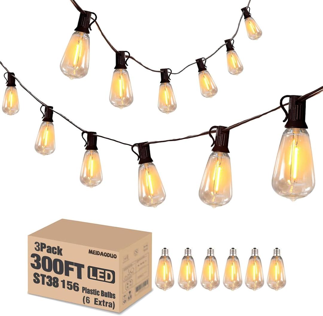 300FT Edison String Lights Outdoor Waterproof with 150+6 Extral LED Shatterproof ST38 Edison Bulbs 2200K for Outside Patio Pergola Backyard Bistro Lights, 3 x 100FT Connectable