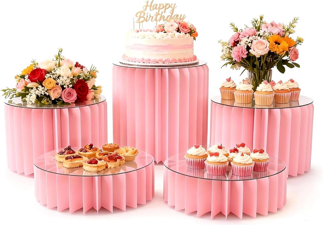 5 Pcs Buffet Risers Food Display Risers for Party Buffet Table, Dessert Table Display Set Cake and Cupcake Stand Combo, Riser Display Stand for Dessert Food Jewelry, Pink, 4"/8"/12" H,Pink