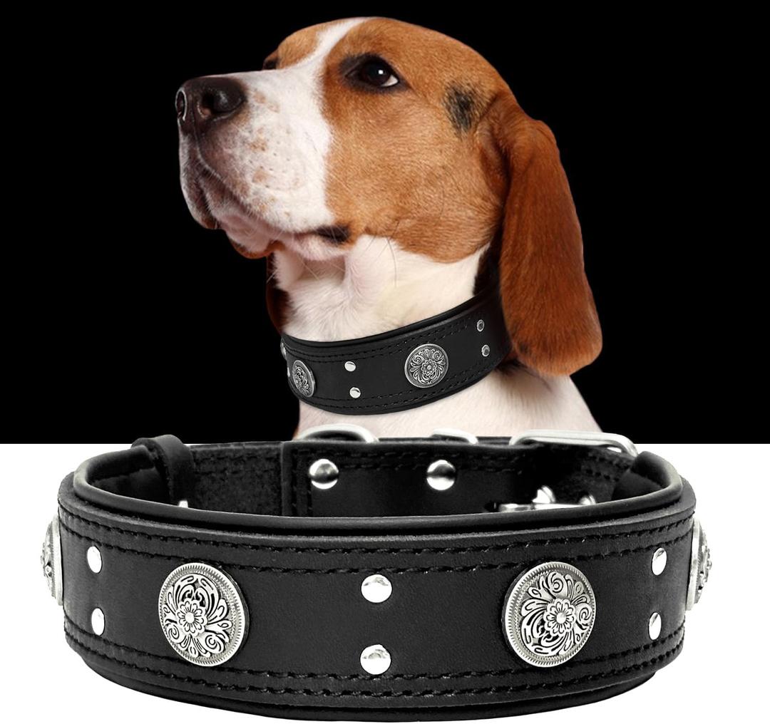 Leather Dog Collar for Large Medium Dogs, Heavy Duty 2 Inches Wide Dog Collars, Thick, Strong, Luxury and Studded Dog Collar, Dog Collar (Black, 22.5-26.5 inches)