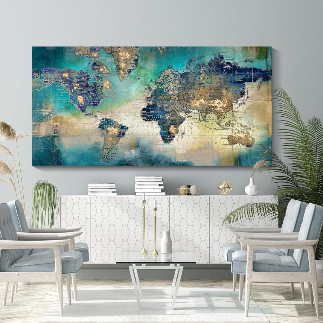 Large World Map Canvas Prints Wall Art for Living Room Office 30x60 Green World Map Picture Artwork Decor for Home Decoration (58L" x 29W")
