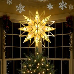 Christmas Tree Topper, 11.8 Inch Gold Christmas Star Topper with 10 LEDs Lights, 3D Tree Star Xmas Decorations Indoor (Clamp/Pole Mount) (Warm White)