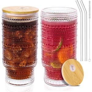 16 Oz Glass Cups with Lids and Straws, Vintage Embossed Glassware for Whiskey Cocktail Beer, Iced Coffee Cup with Lid, Glass Tumbler (2 PACK)