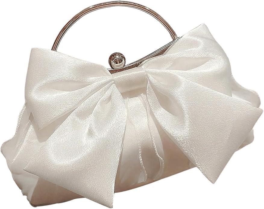 Verdusa Women's Bowknot Evening Bag Ruched Clutch Purse Party Handbag with Chain Strap (White)