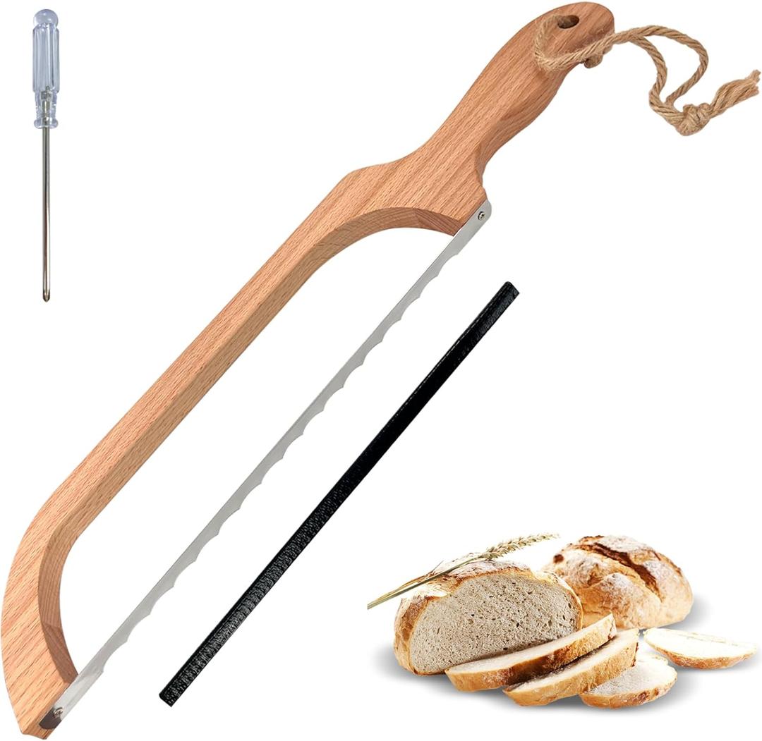 ROYOROYI Bread Slicer for Homemade Bread,16" Wooden Sourdough Bread knife with Bow Design, Premium Stainless Steel Serrated Saw Bread cutter for Bagels, Baguettes and More