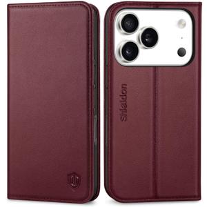 SHIELDON Genuine Leather Case Wallet for iPhone 17 Pro 5G 6.3" | RFID Blocking Credit Card Holder | Magnetic Closure | Folio Cover | Kickstand | TPU Soft Phone Shell 2025 | Wine Red