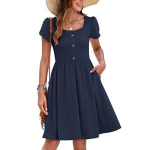MOLERANI Women Summer Dresses Petal Sleeve Casual Square Neck Sundress Button Down 2025 Vacation Dress with Pockets Navy Blue,M