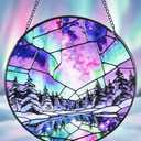 Stained Glass Window Hanging Suncatchers with Aurora Borealis 12.6", Winter Landscape Glass Panel with Metal Chain for Home Decor Gift for Women Mother's Day, Birthday, Men, and Mom