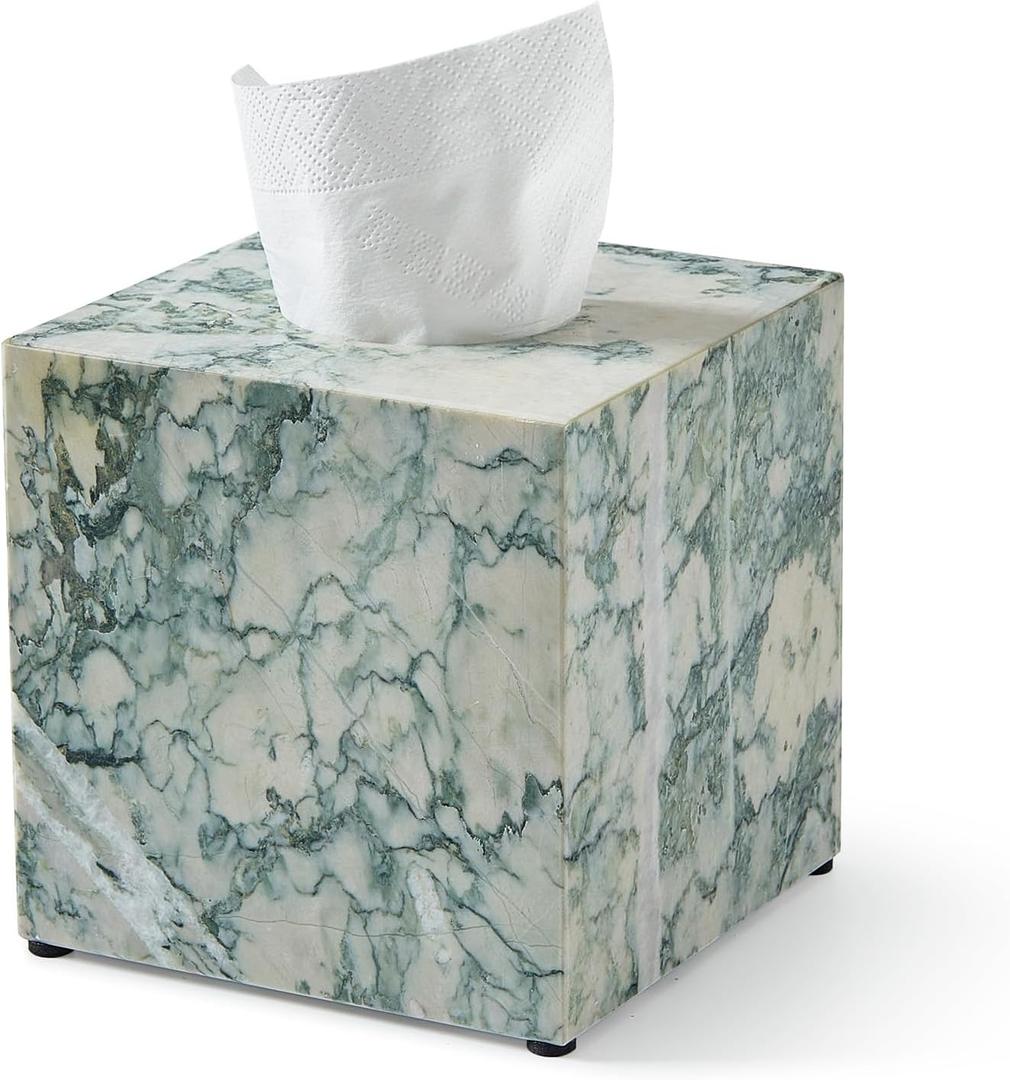 Real Natural Marble Tissue Box Cover, 5.5 Inch Square Marble Tissue Box Holder with Open Bottom, Heavy Stone Decorative Organizer for Bathroom Vanity, Kitchen Countertop, Luxury Home Dcor (Cyan-green)