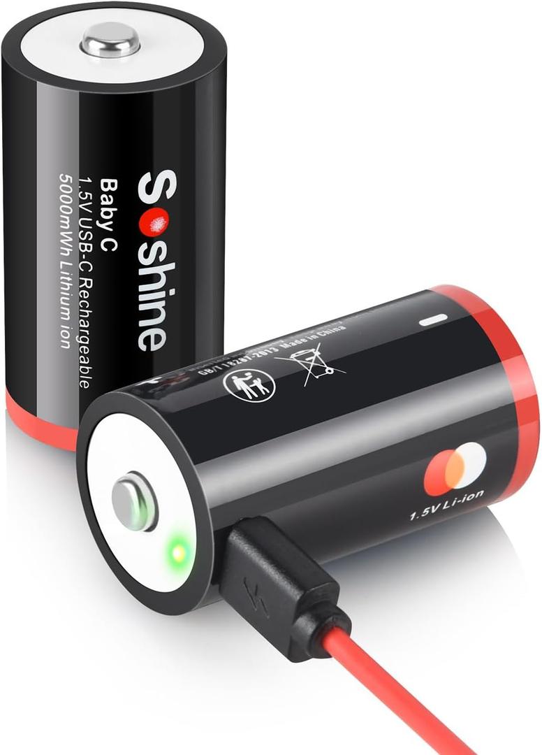 Soshine Rechargeable C Batteries with USB-C Charging Cable, 1.5v Lithium LR14 C Size Battery 5000mWh for Flashlight 2 Pack