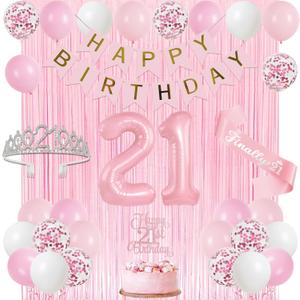 Trgowaul 21st Birthday Decorations for her, Pastel Light Pink and White Happy 21st Birthday Supplies for Girls, 21 Sash and Crown, Banner, Fringe Curtains, Cake Topper, 21 Year Old Party Supplies Set