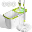 Spin Mop and Bucket,Masthome Mop and Bucket Set with Wringer.4L Detachable Bucket Small,Separate Clean and Dirty Water,Adjustable 50" Handle,3 Microfiber Pads for Wet/Dry Hardwood Tile Floor Cleaning (Green+white)