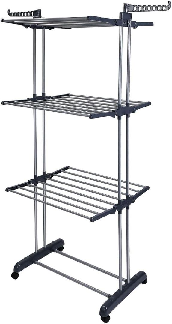 Rolling Laundry Drying Rack, Collapsible Clothes Dryer Rack with Side Wings, Heavy Duty 88lbs Capacity, 3-Tier Hanger Stand for Indoor & Outdoor Use