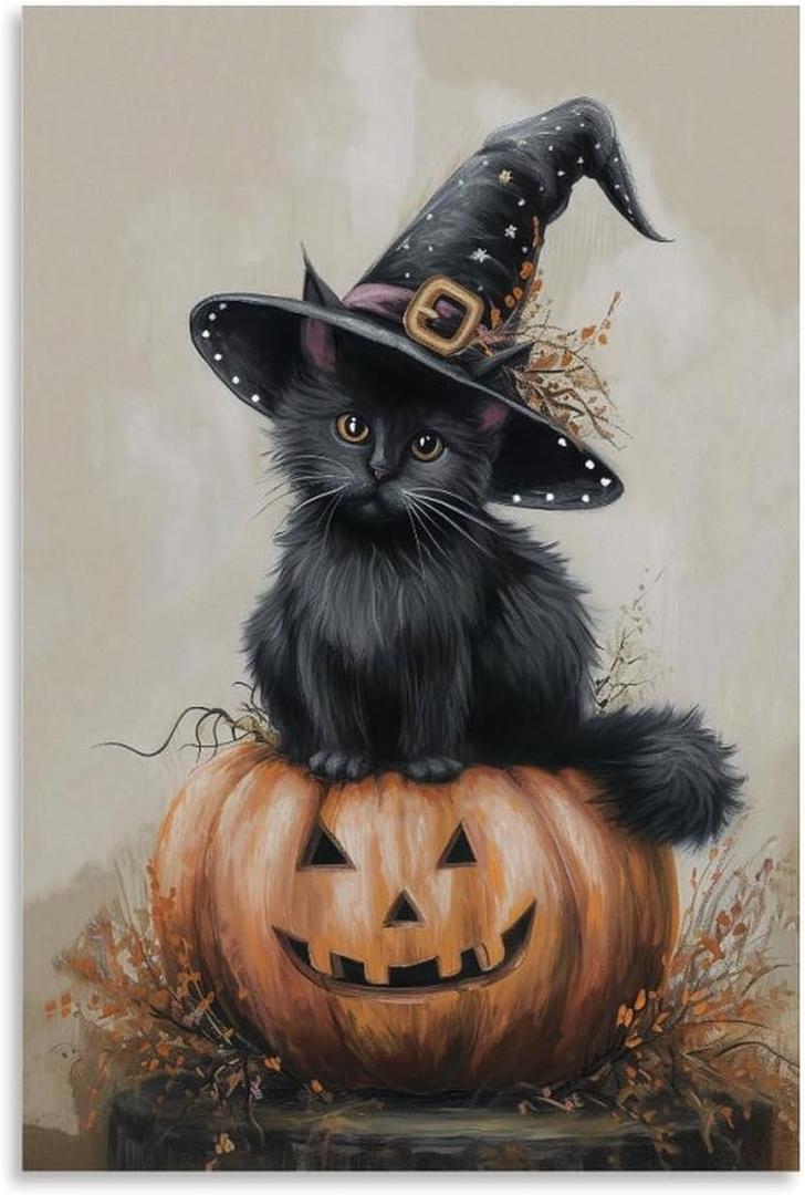 FireDeer Vintage Halloween Canvas Wall Art, Cute Black Cat Witchy Print Poster, Retro Funny Lighted Pumpkin Decoration, Victorian Gothic Wiccan Artwork, Creepy Halloween Pictures (24L" x 16W")
