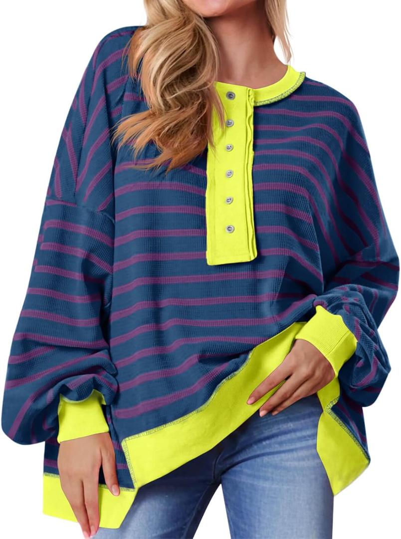 Tankaneo Womens Oversized Striped Sweatshirts Henley Shirts Color Block Casual Pullover Waffle Knit Tops (XX-Large, Navy)