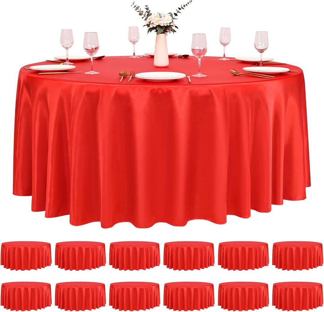 Pesonlook 12 Pack Red Round Tablecloth, 120 Inch Satin Fabric Tablecloth for Round Table, Wrinkle Resistant Washable TableCover Bright Silk TableClothes for Wedding Party Dining Table Banquet