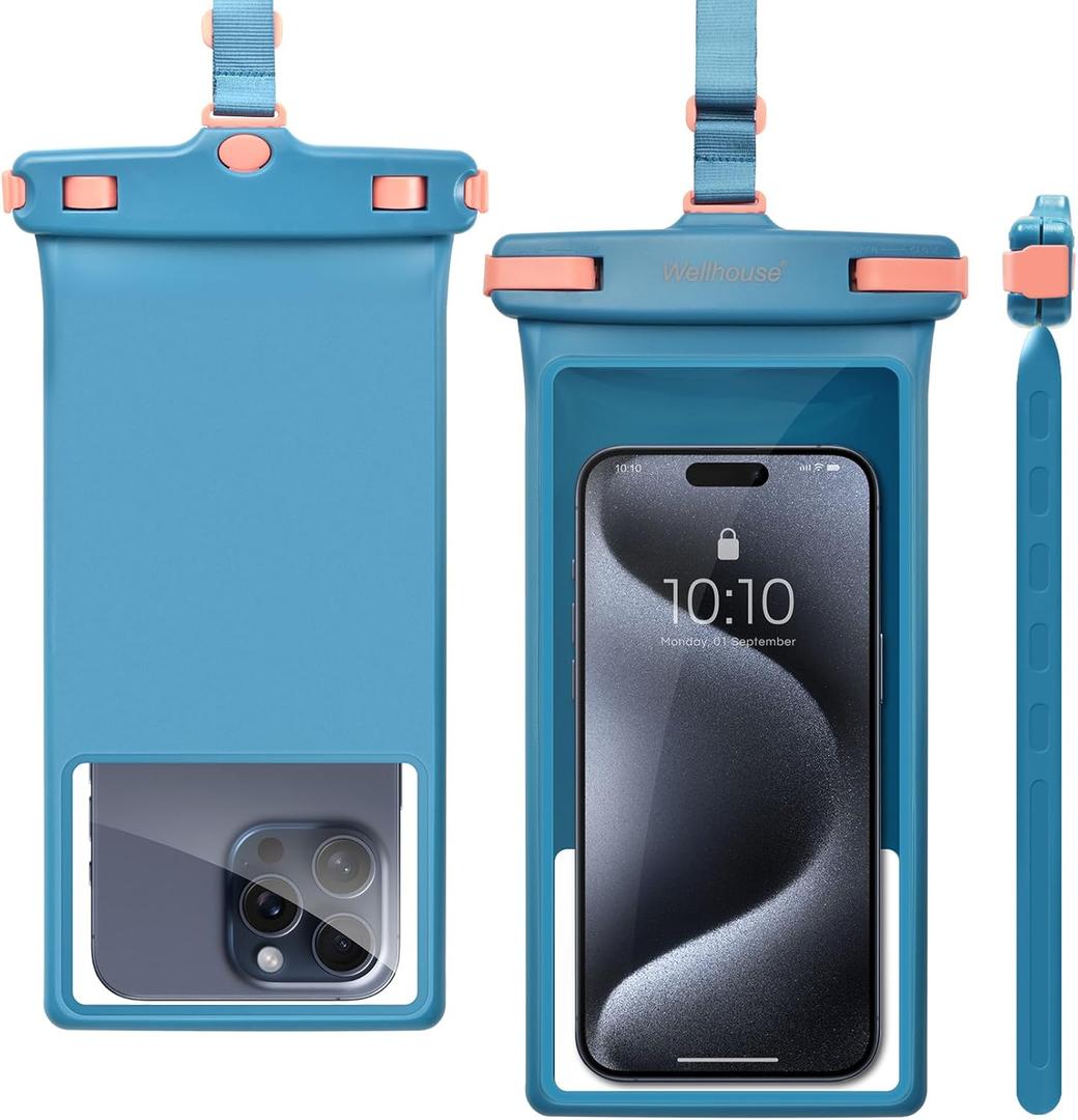 wellhouse Waterproof Phone Pouch, Waterproof Phone Case for iPhone 16 15 14 13 12 Pro Max XS Samsung, IPX8 3D Cellphone Dry Bag Beach Essentials (1 Pack - Blue8.0, 8 inch)