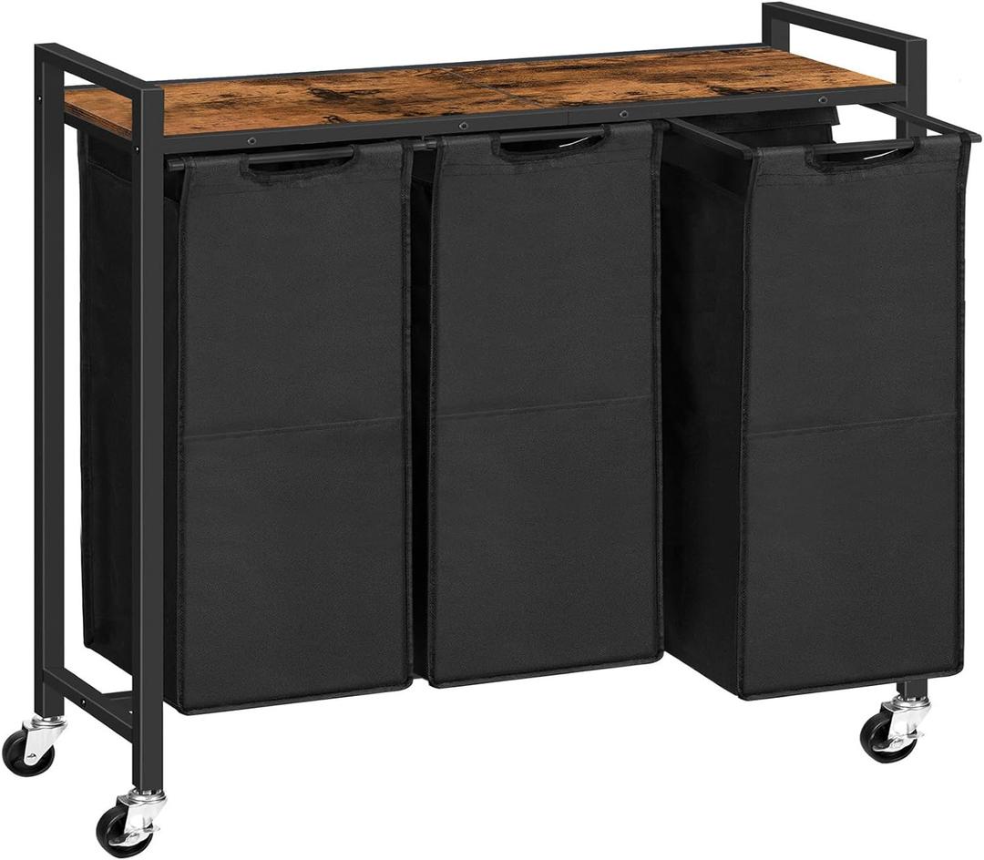 HOOBRO Laundry Sorter 3 Section, Laundry Hamper with Wheels, 3  11.5 Gal (43.4L), Rolling Laundry Basket, Pull-Out and Removable Oxford Fabric Laundry Bags, Rustic Brown and Black BF76XY01 (Rustic Brown + Black)