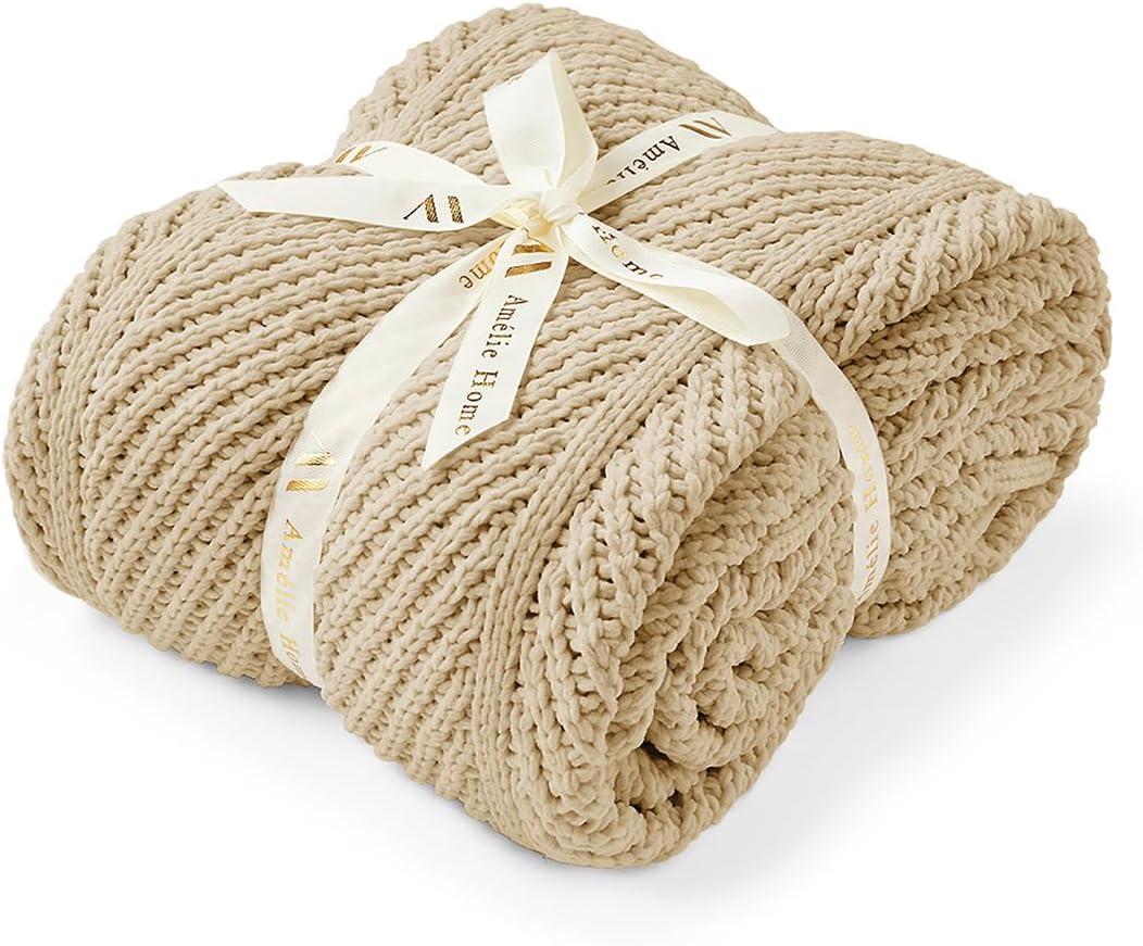 Amlie Home Knit Throw Blanket, Soft Chenille Cozy Breathable Chevron Chunky Decorative Blanket for Couch, Bed & Sofa, French-Inspired Lightweight Warm Gift for Women, Beige, 50"x60"