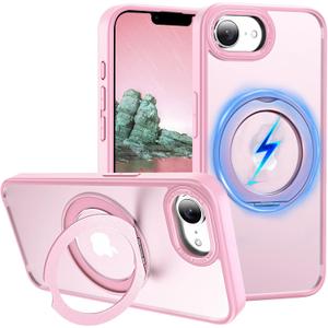 ZHK 360 Rotatable Ring for iPhone 16e Case Magnetic, [Military Grade Drop Proof] [Translucent Frosted Back Panel] Slim Non-Slip Matte Phone Case for iPhone 16e 6.1'', Pink