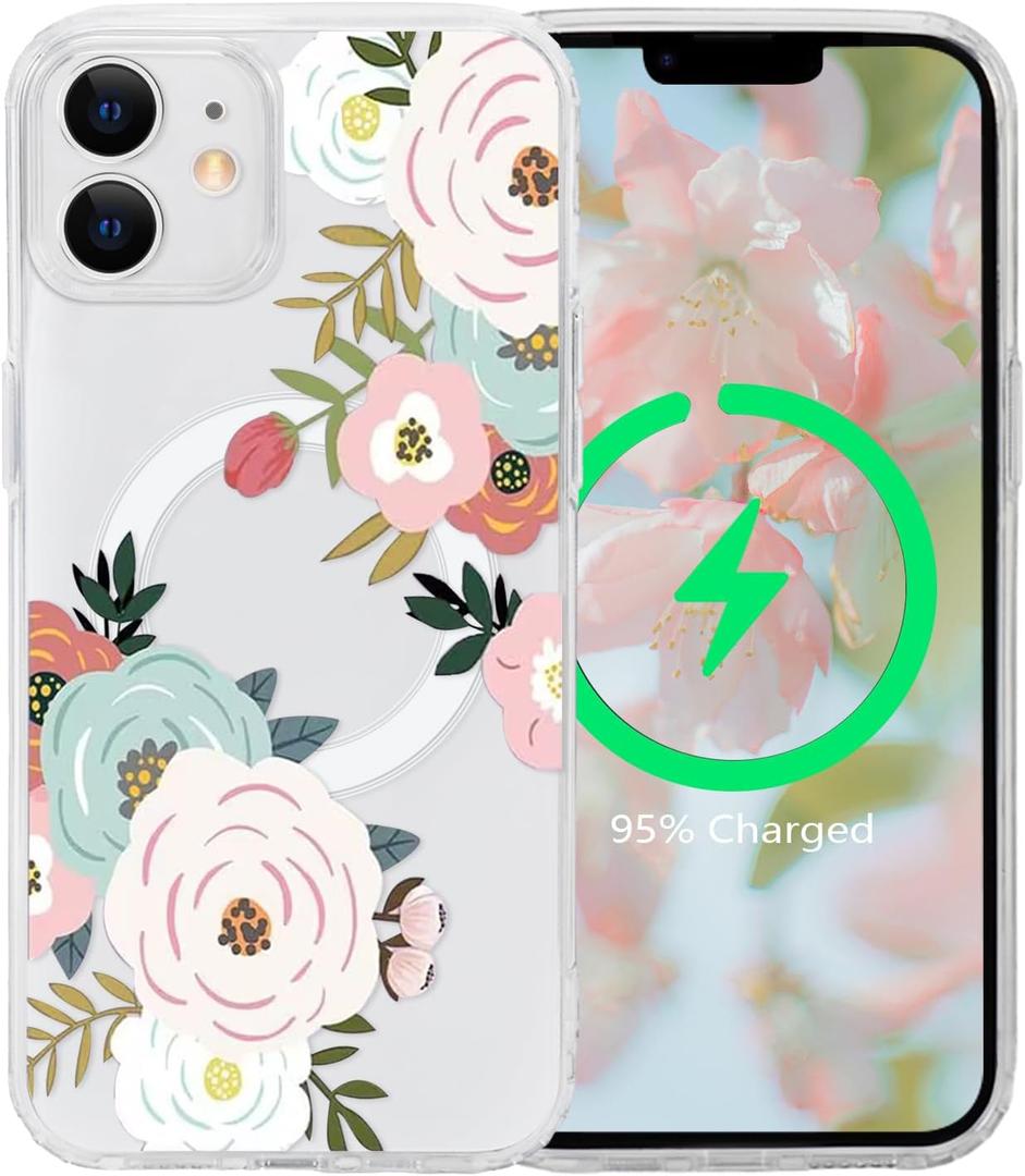 Tcaraersing for iPhone 12/12 Pro Flower Magnetic Clear Case [Compatible with MagSafe] Floral Print Shockproof [Hard PC Back Soft TPU Edge] Slim Cover for Girls Women iPhone 12/12 Pro, Abundant Blossom